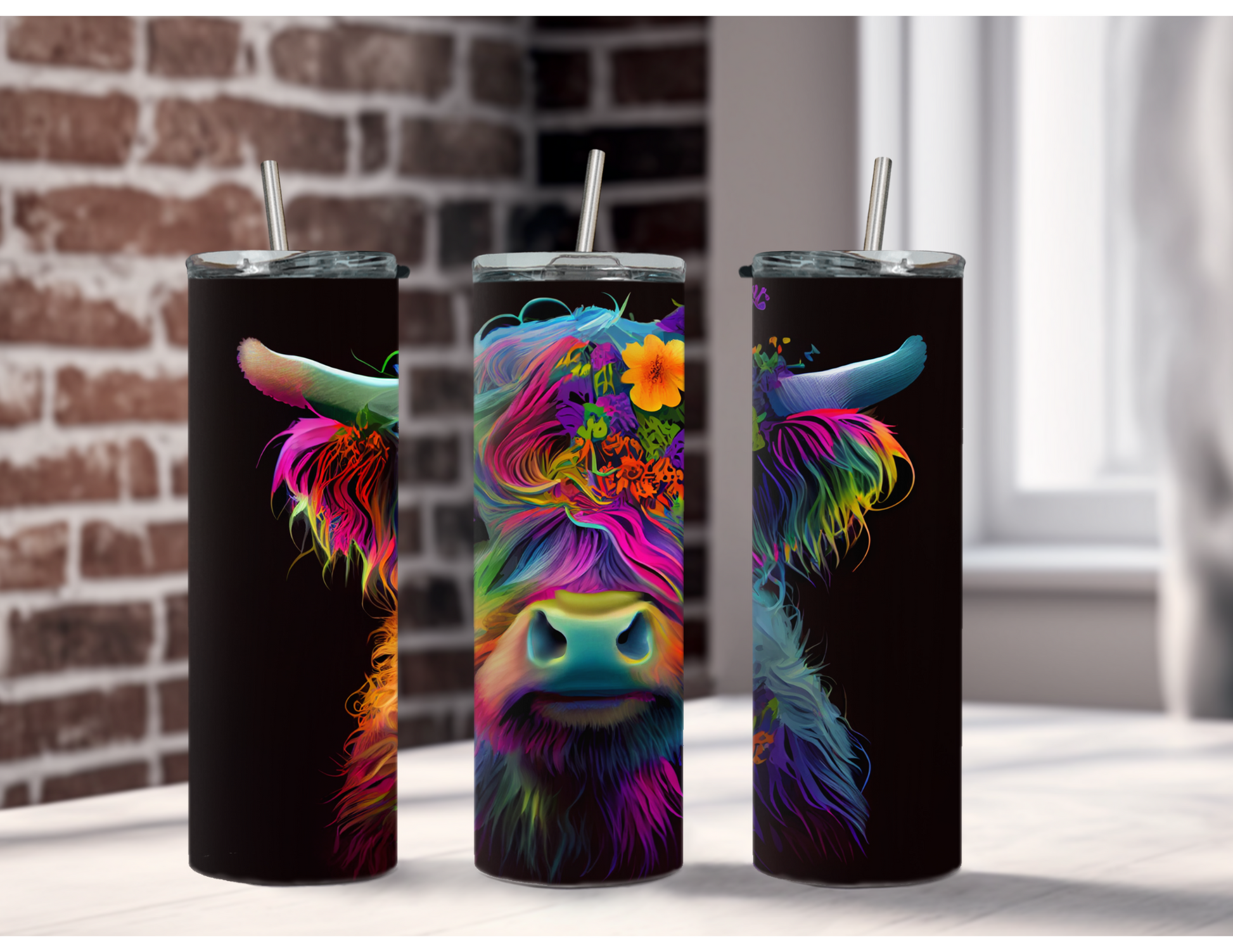 Neon Highland Cow, Sublimation Tumbler, Personalized