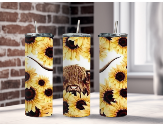 Sunflower Highland Cow| Sublimation Tumbler | Personalized | 20 oz.