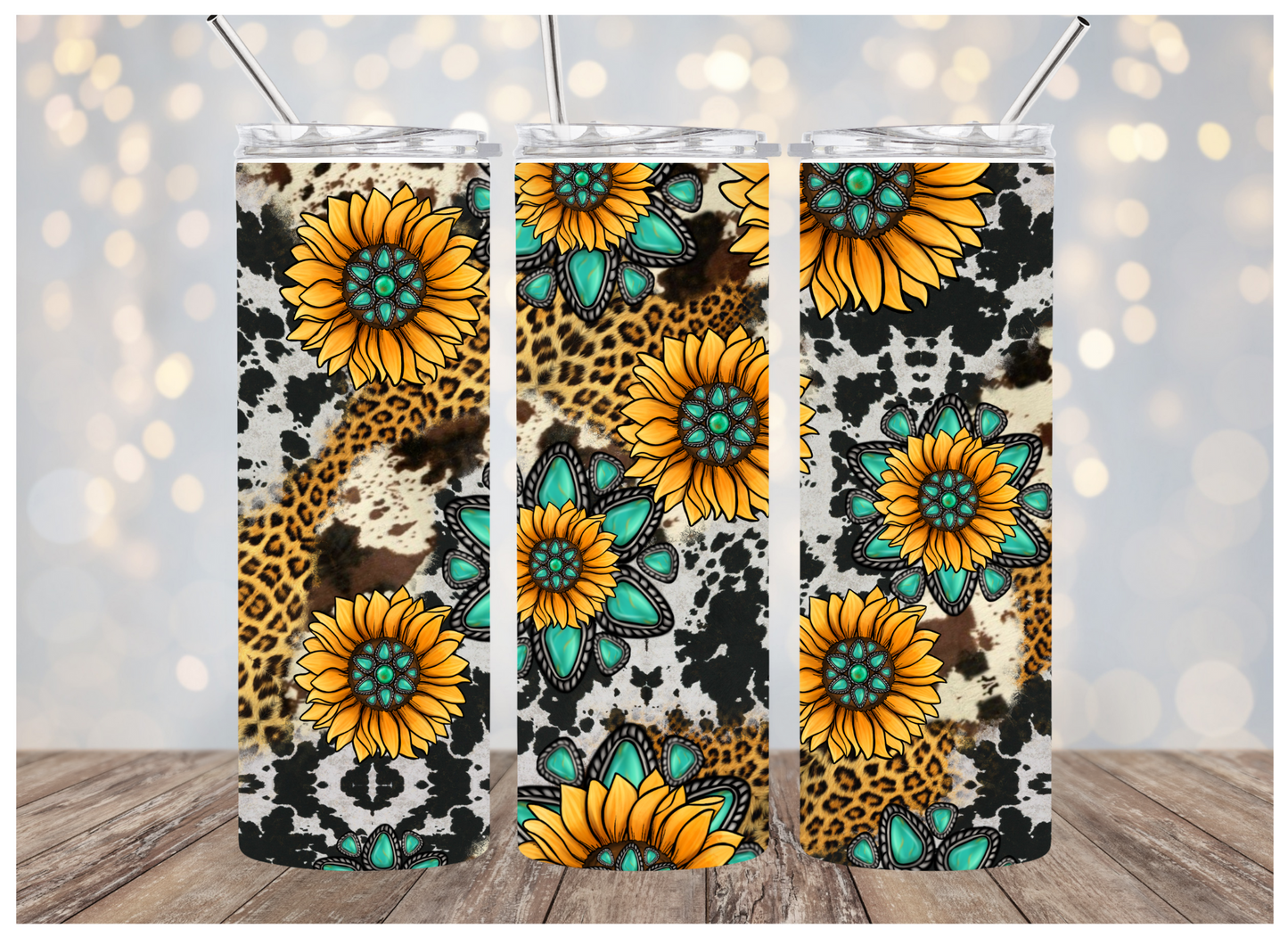 Cowhide Sunflowers | Sublimation Tumbler | Personalized | 20 oz.